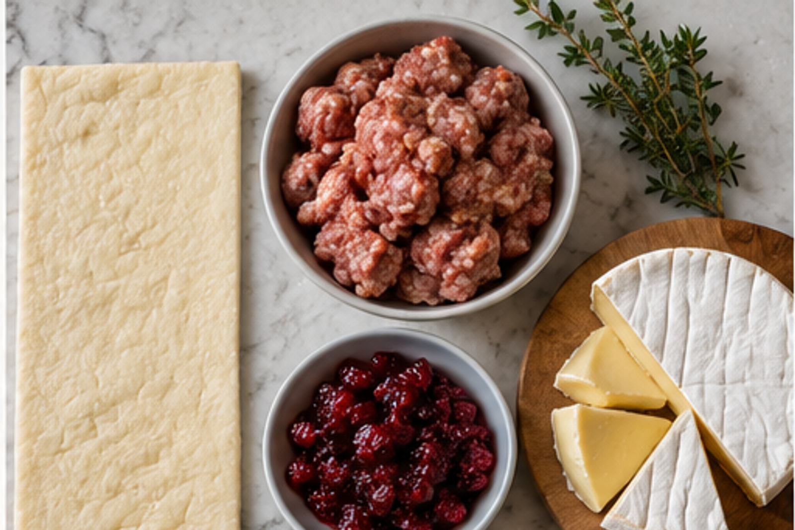 Ingredients arranged for cranberry brie sausage rolls
