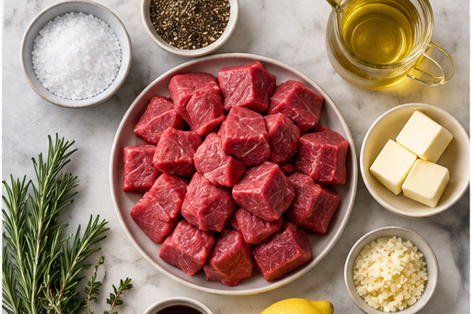 Ingredients arranged for garlic butter beef tenderloin bites