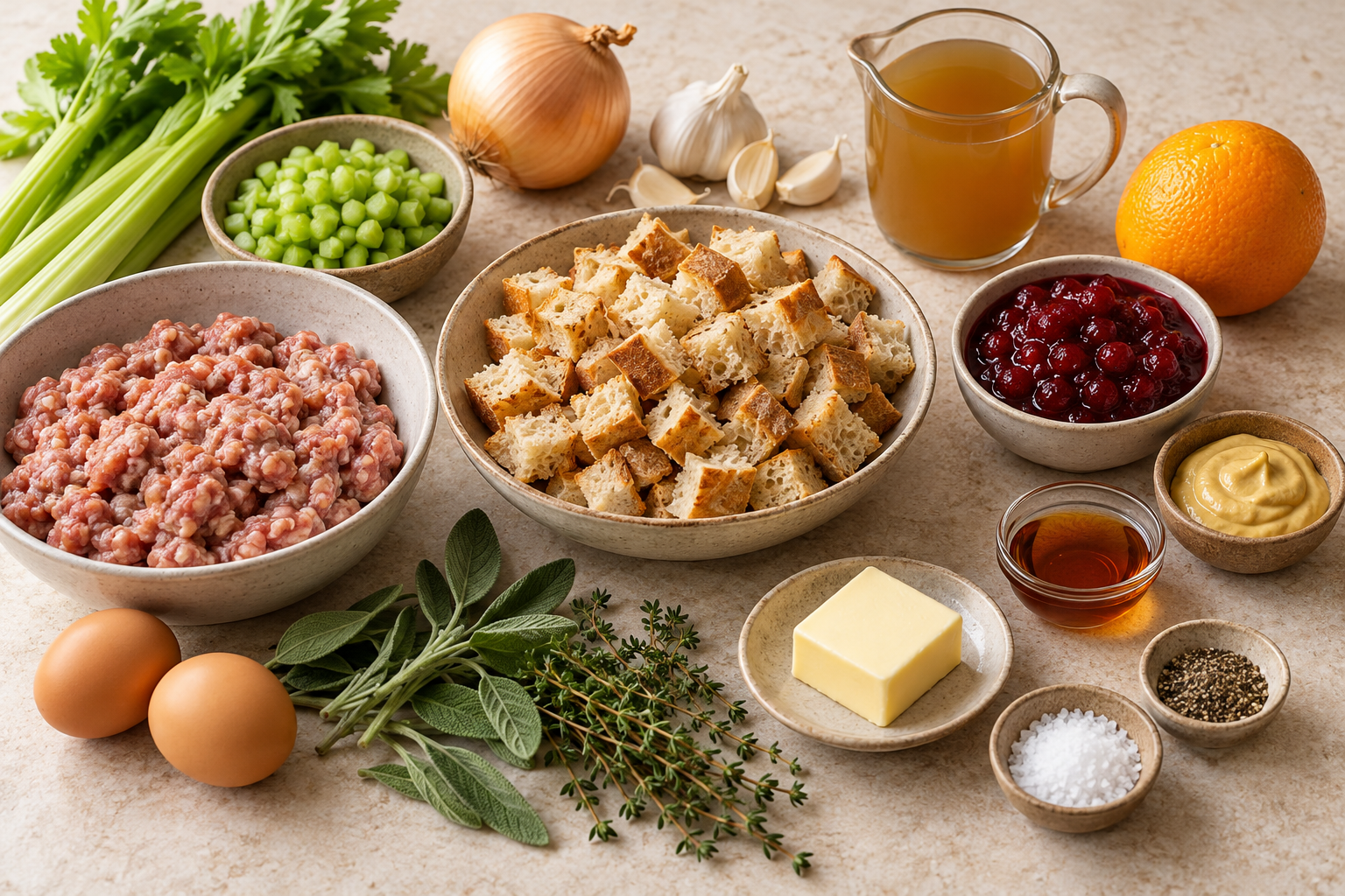 Sausage, bread cubes, vegetables, herbs, eggs, broth, cranberry sauce, mustard, maple, and orange