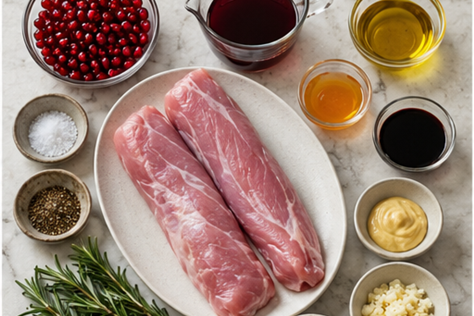 Ingredients arranged for pomegranate glazed pork tenderloin
