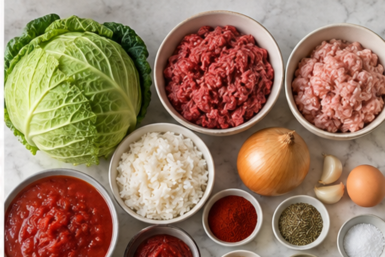 Ingredients arranged for Christmas stuffed cabbage rolls