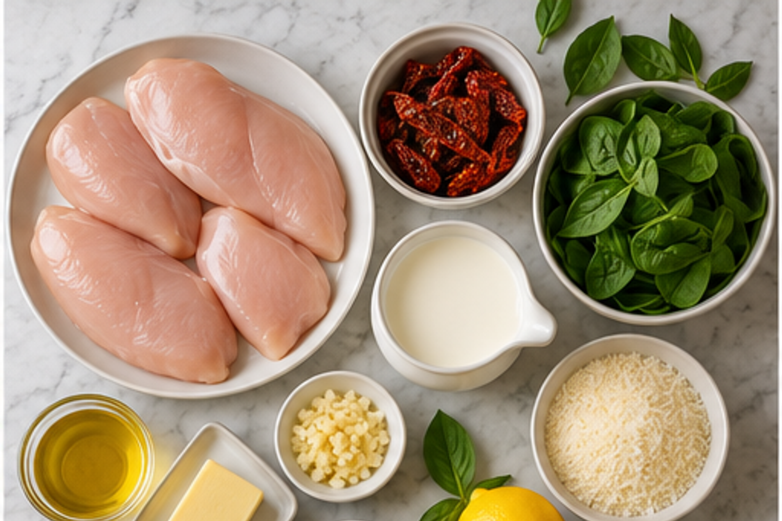 Ingredients arranged for creamy Tuscan chicken bake