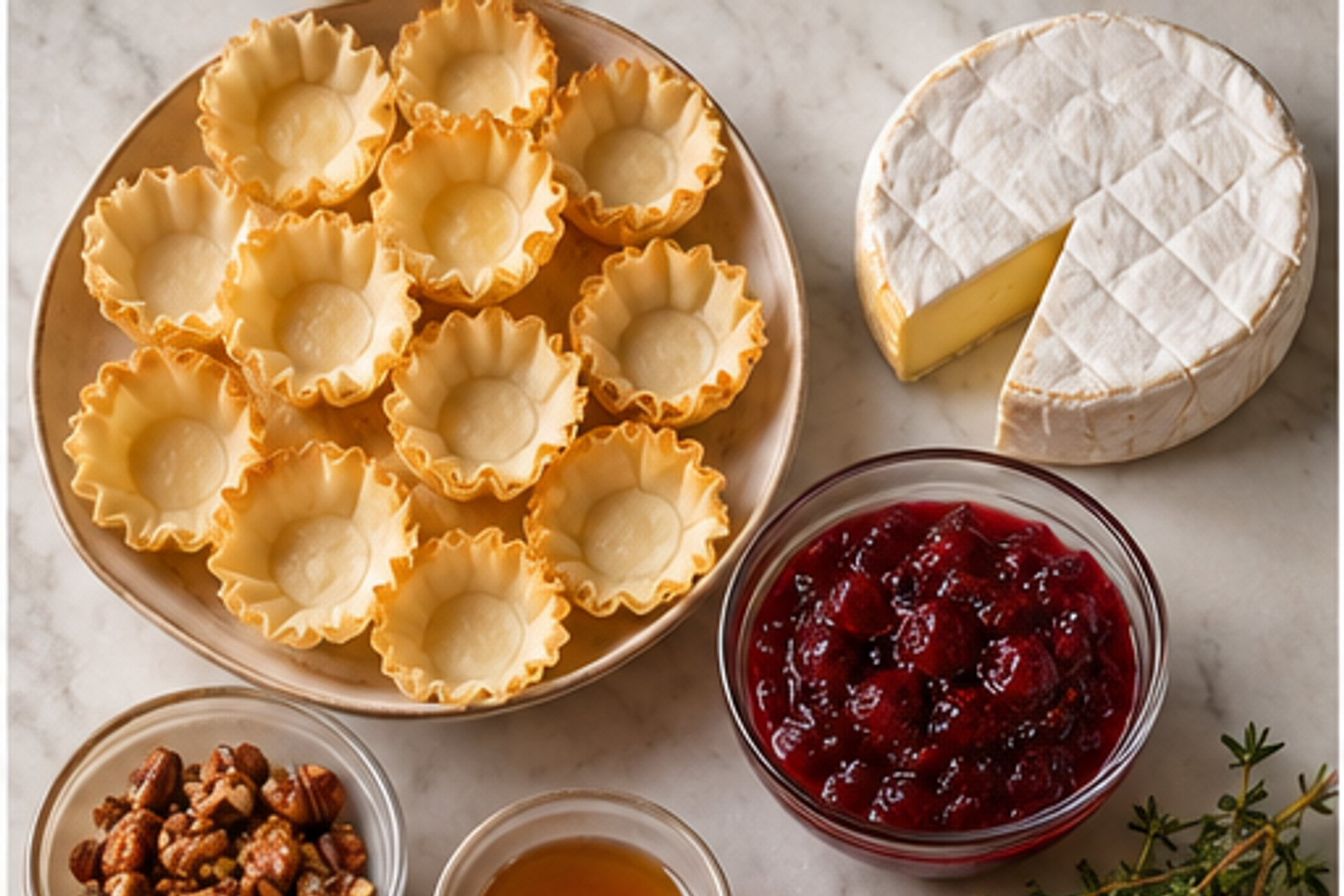 Ingredients arranged for cranberry Brie phyllo cups