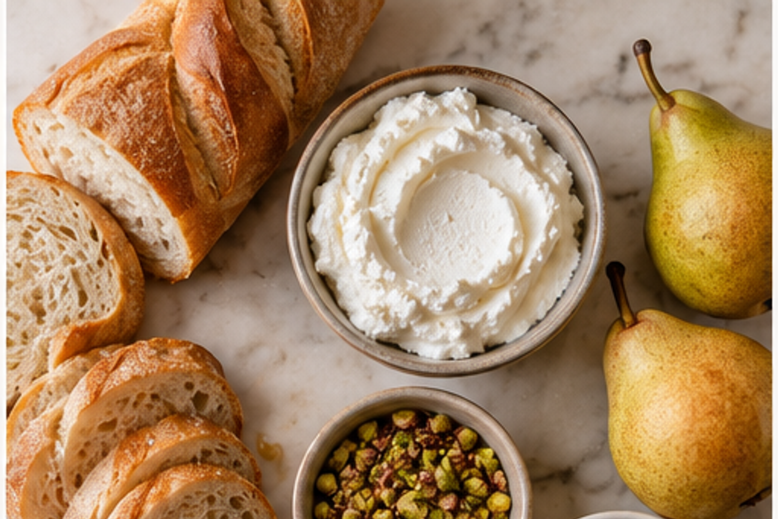 Ingredients arranged for hot honey goat cheese crostini