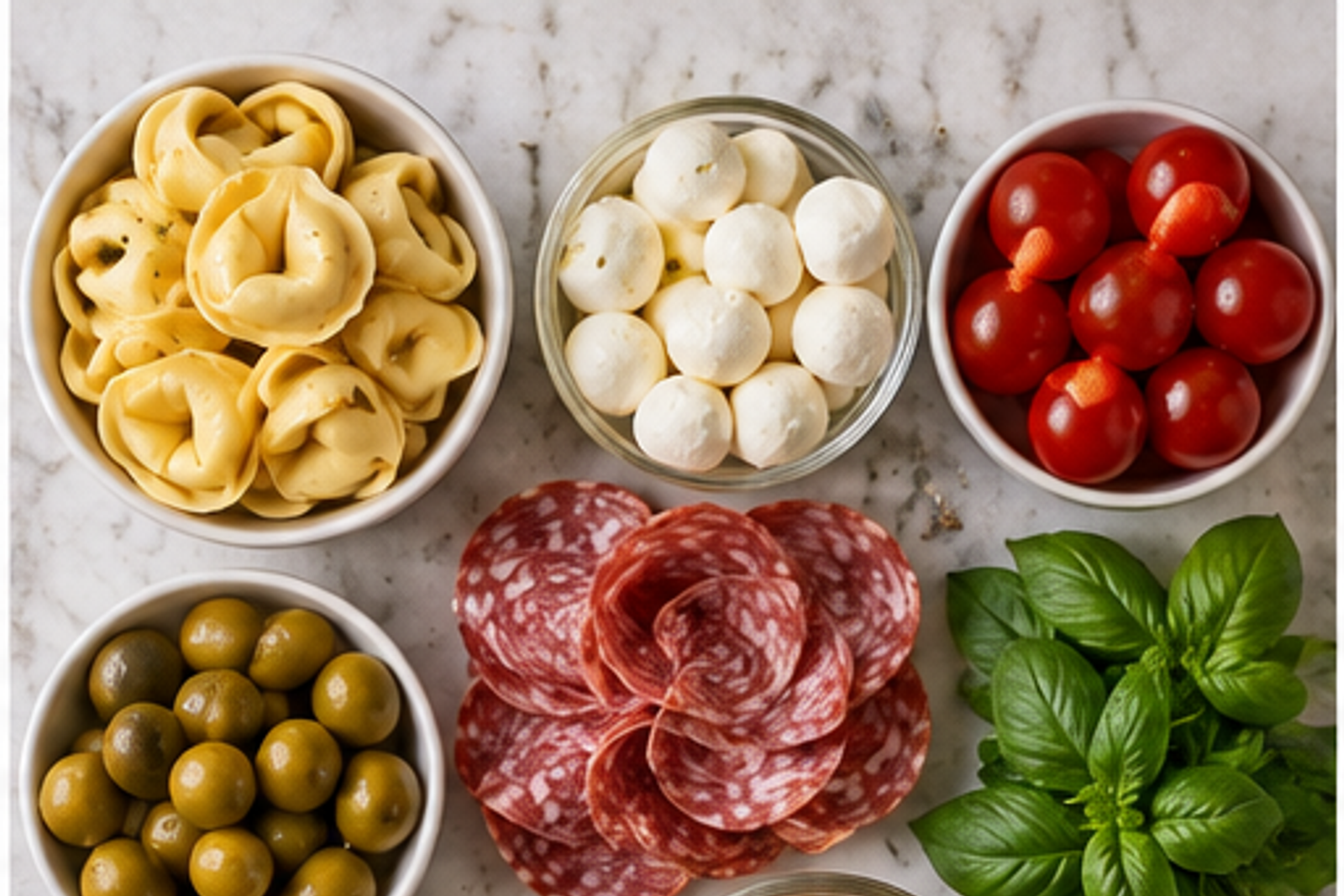 Ingredients arranged for Christmas antipasto skewers