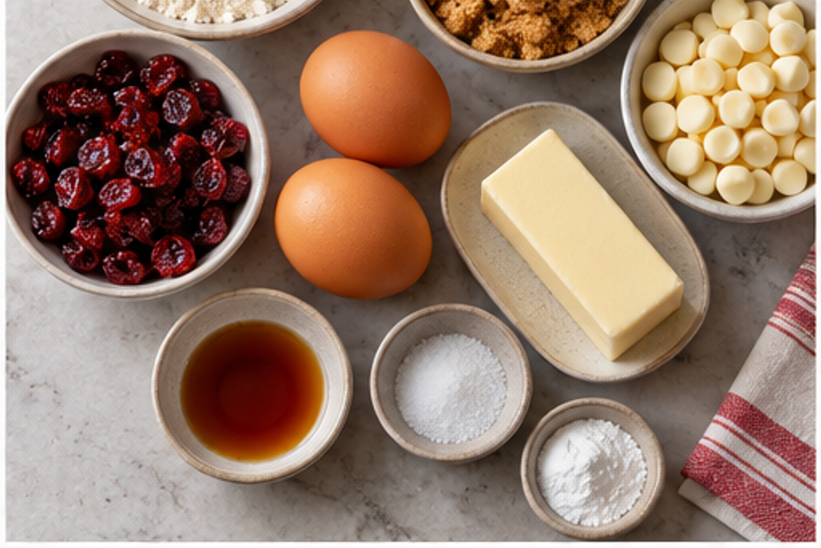 Ingredients arranged for white chocolate cranberry blondies