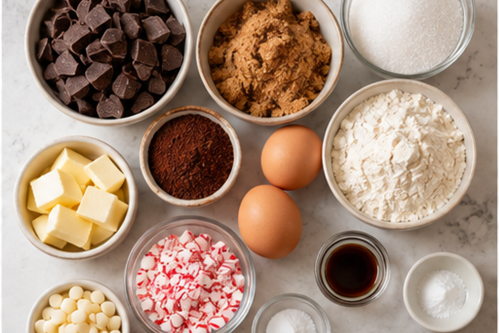 Ingredients arranged for peppermint brownie cookies