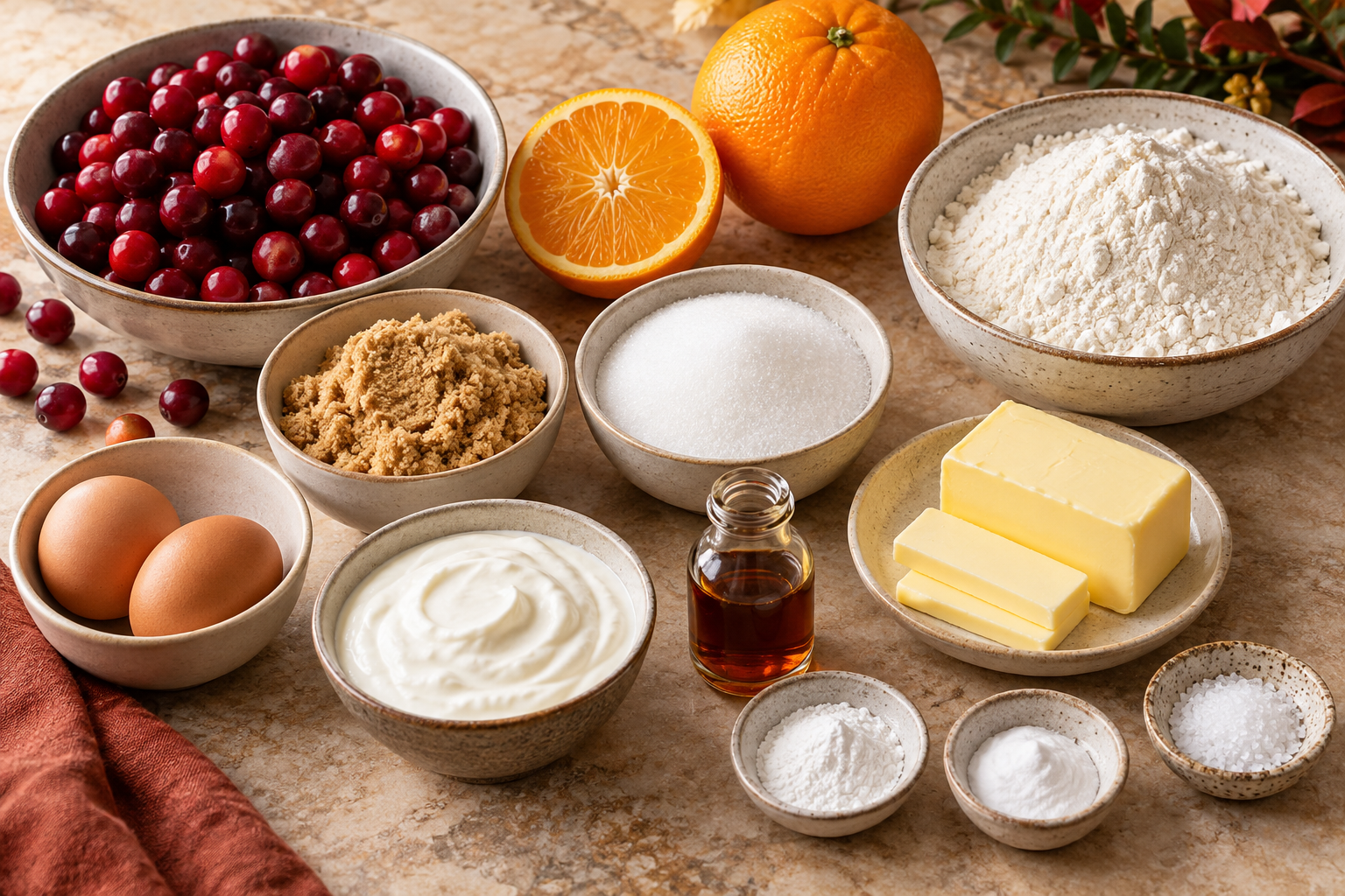 Cranberries, oranges, flour, sugars, butter, eggs, sour cream, vanilla, and leaveners for upside-down cake