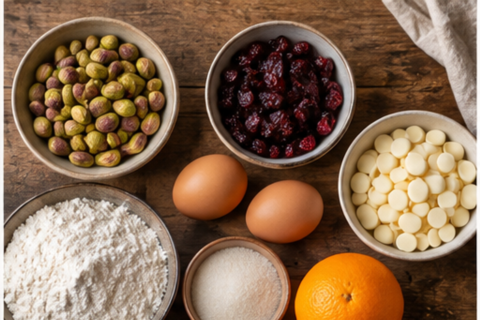 Ingredients arranged for pistachio cranberry biscotti