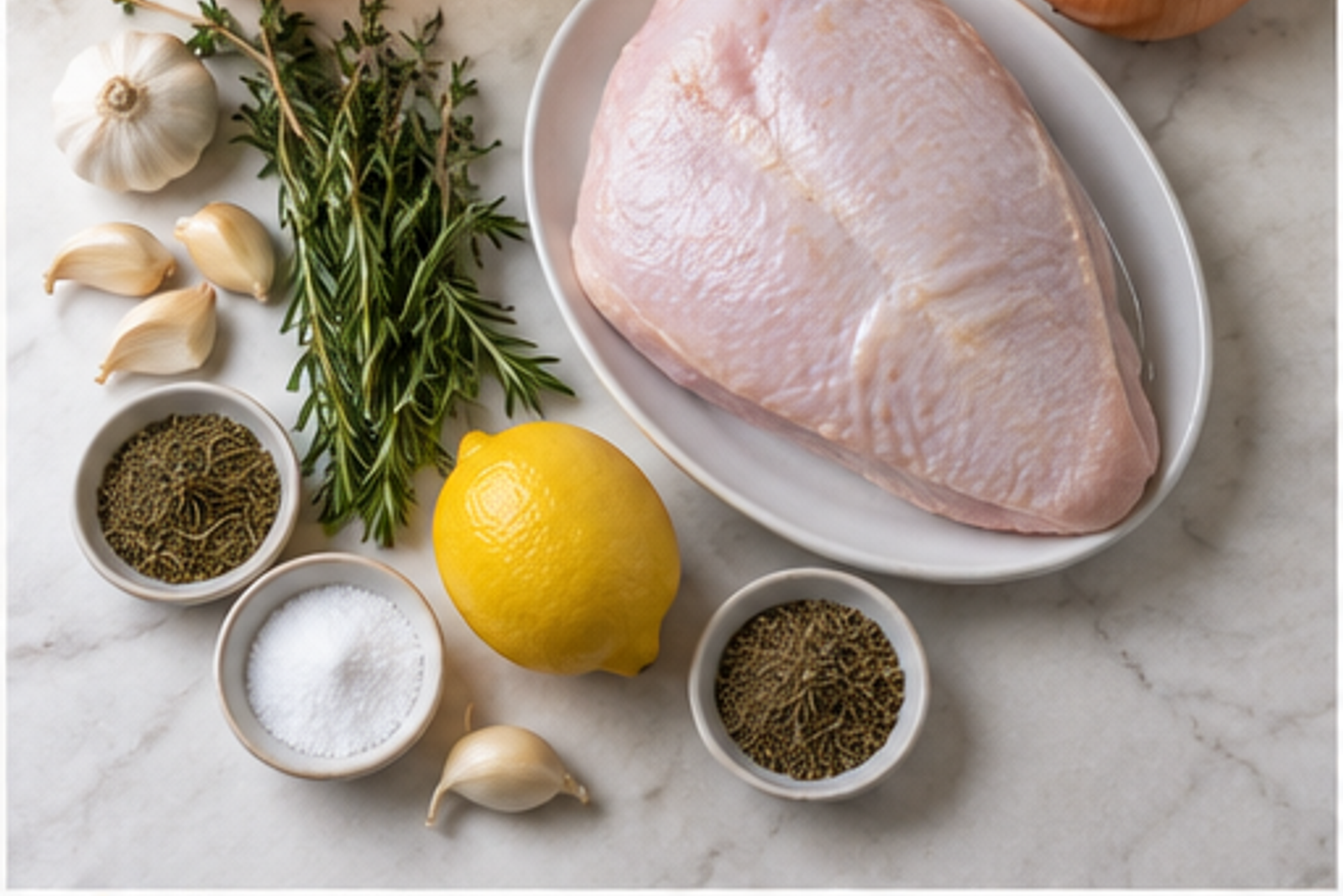 Ingredients for slow cooker turkey breast arranged before cooking
