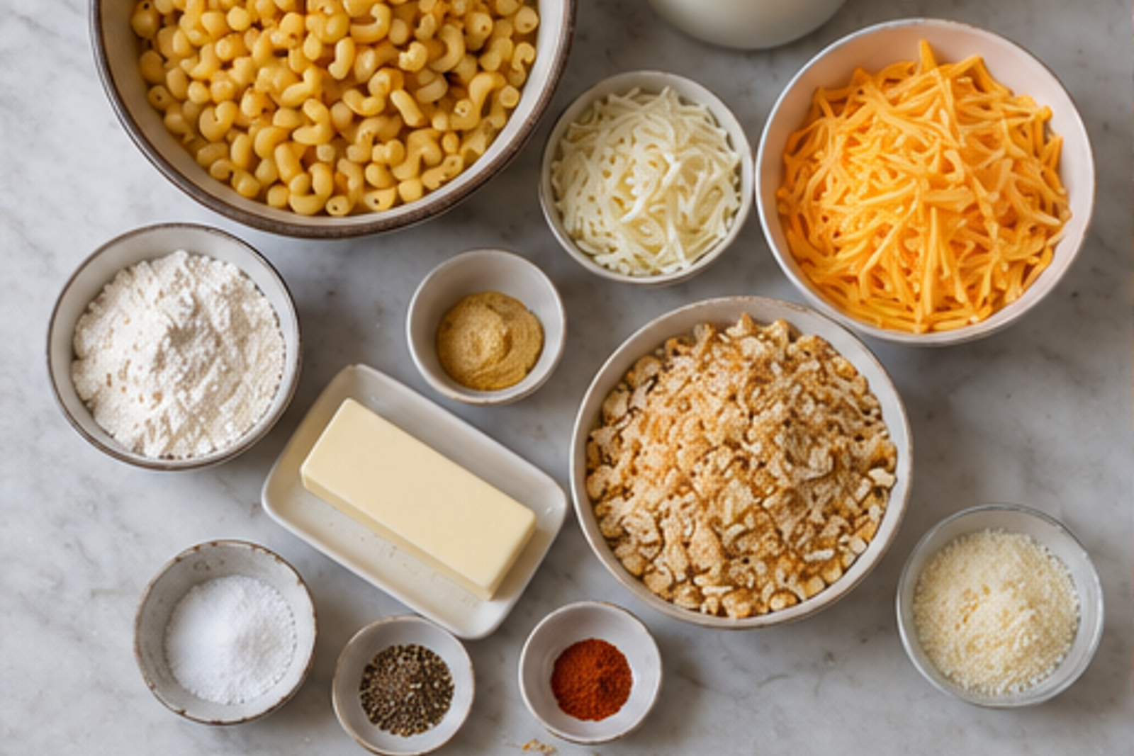Ingredients for Southern baked mac and cheese arranged before cooking