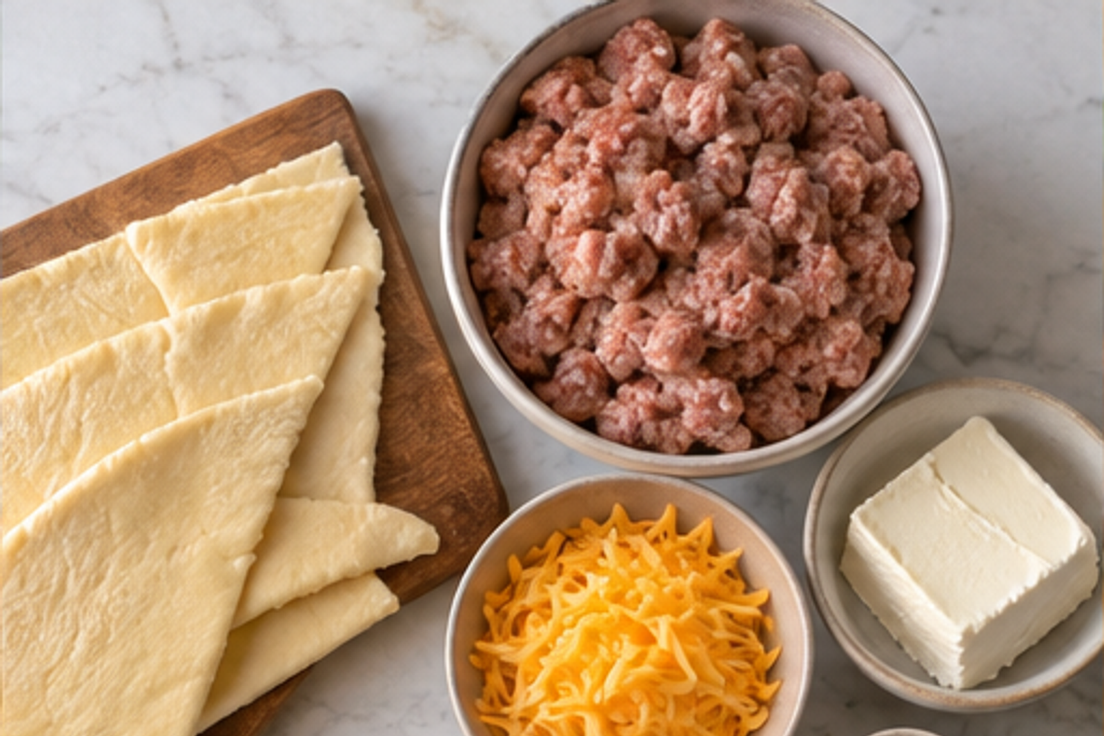Ingredients for sausage cream cheese crescent bites arranged before cooking