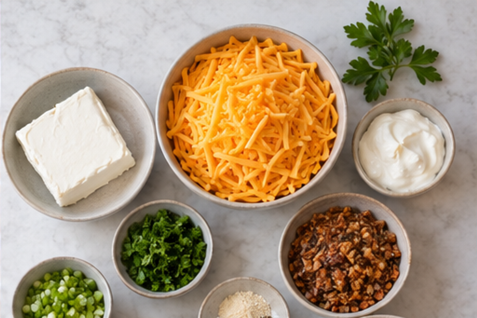 Ingredients for mini pumpkin cheese balls arranged before cooking