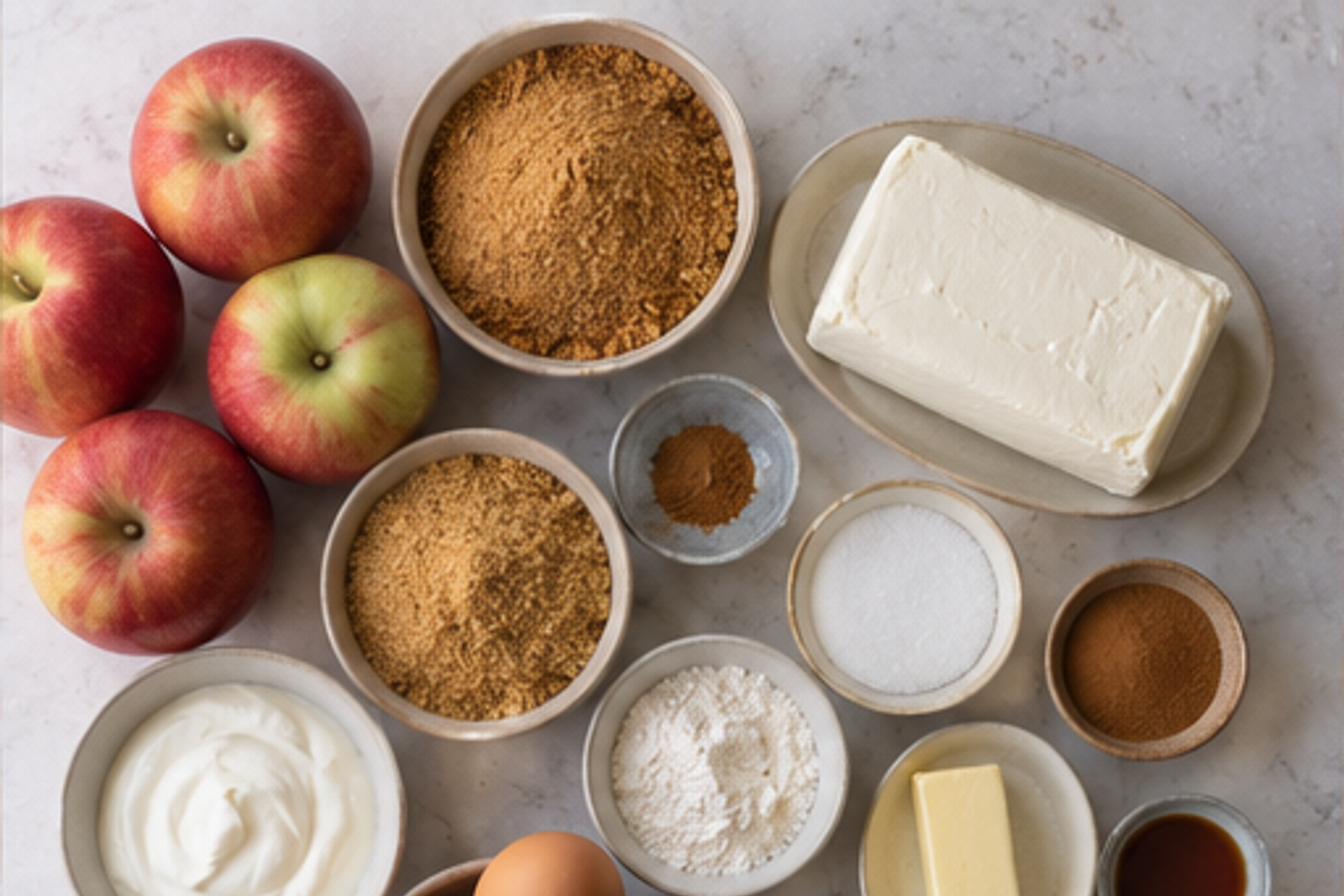 Ingredients for salted caramel apple pie cheesecake arranged before cooking