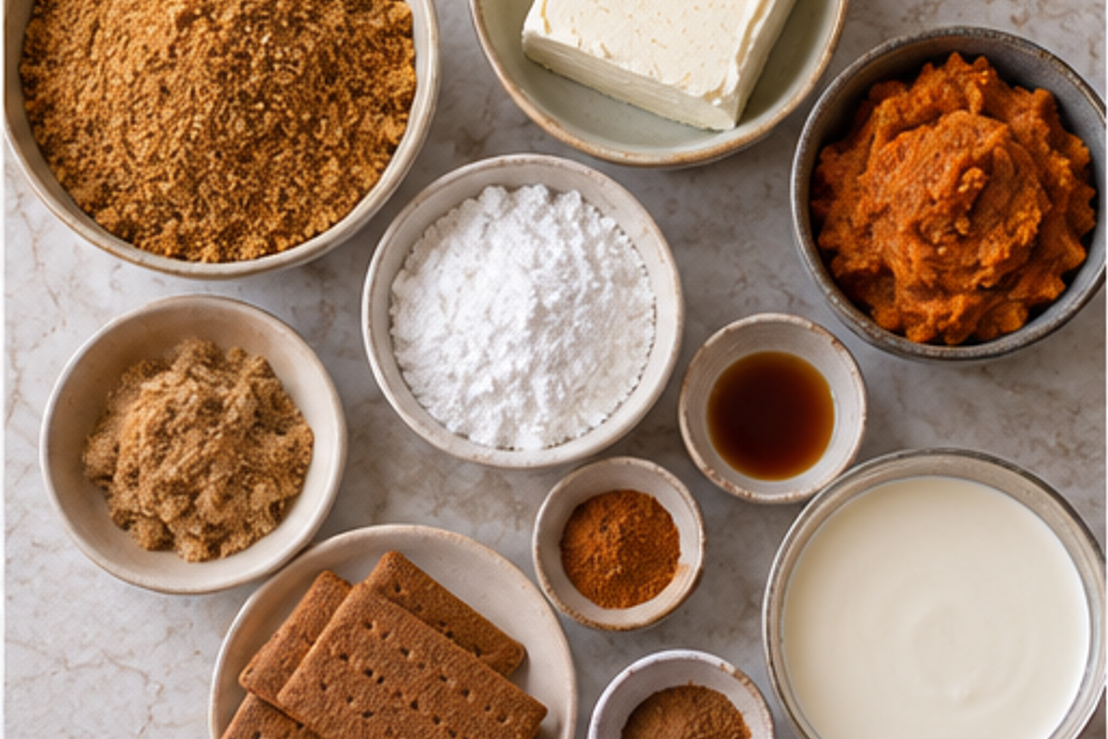 Ingredients for no-bake pumpkin cheesecake arranged before cooking
