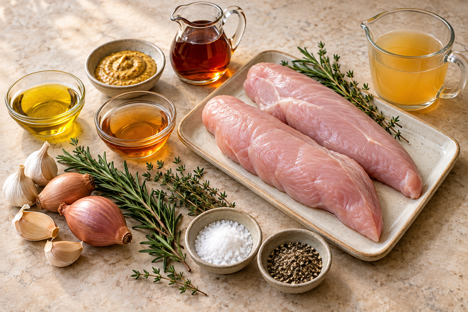 Ingredients for maple Dijon turkey tenderloin including maple syrup mustard garlic and herbs