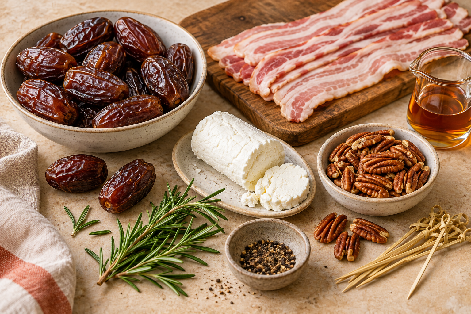 Ingredients for bacon wrapped dates with goat cheese including pecans maple and rosemary