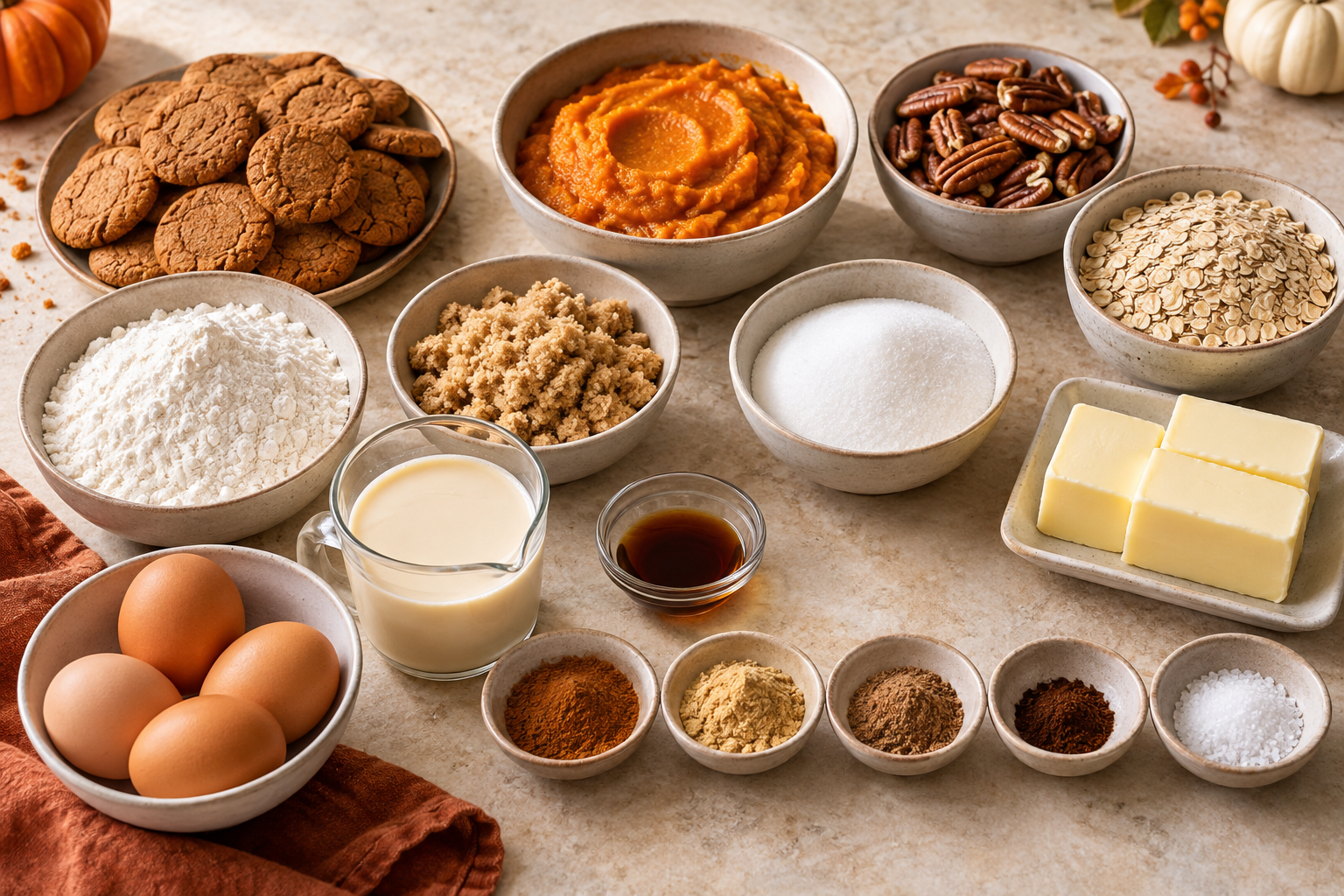 Ingredients for pumpkin pie bars with pecan streusel including pumpkin gingersnaps oats and spices