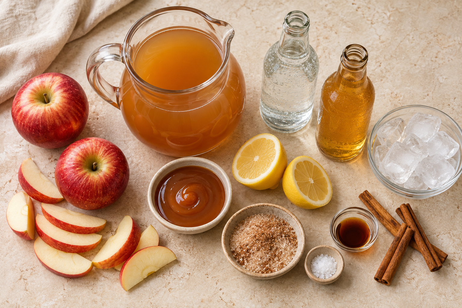 Ingredients for sparkling caramel apple cider mocktails arranged on a cream countertop