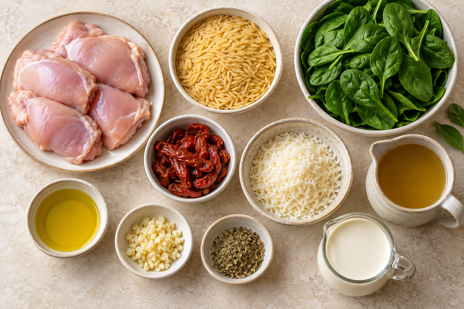 Ingredients for creamy Tuscan chicken orzo