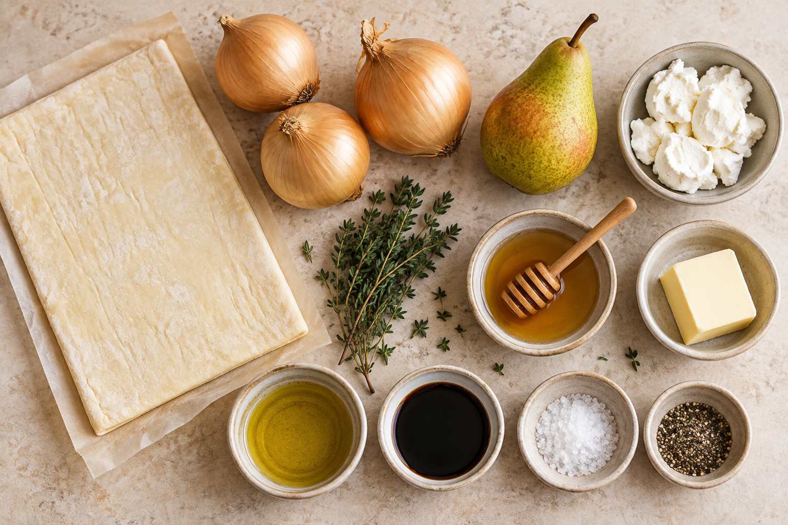Ingredients for caramelized onion pear tartlets