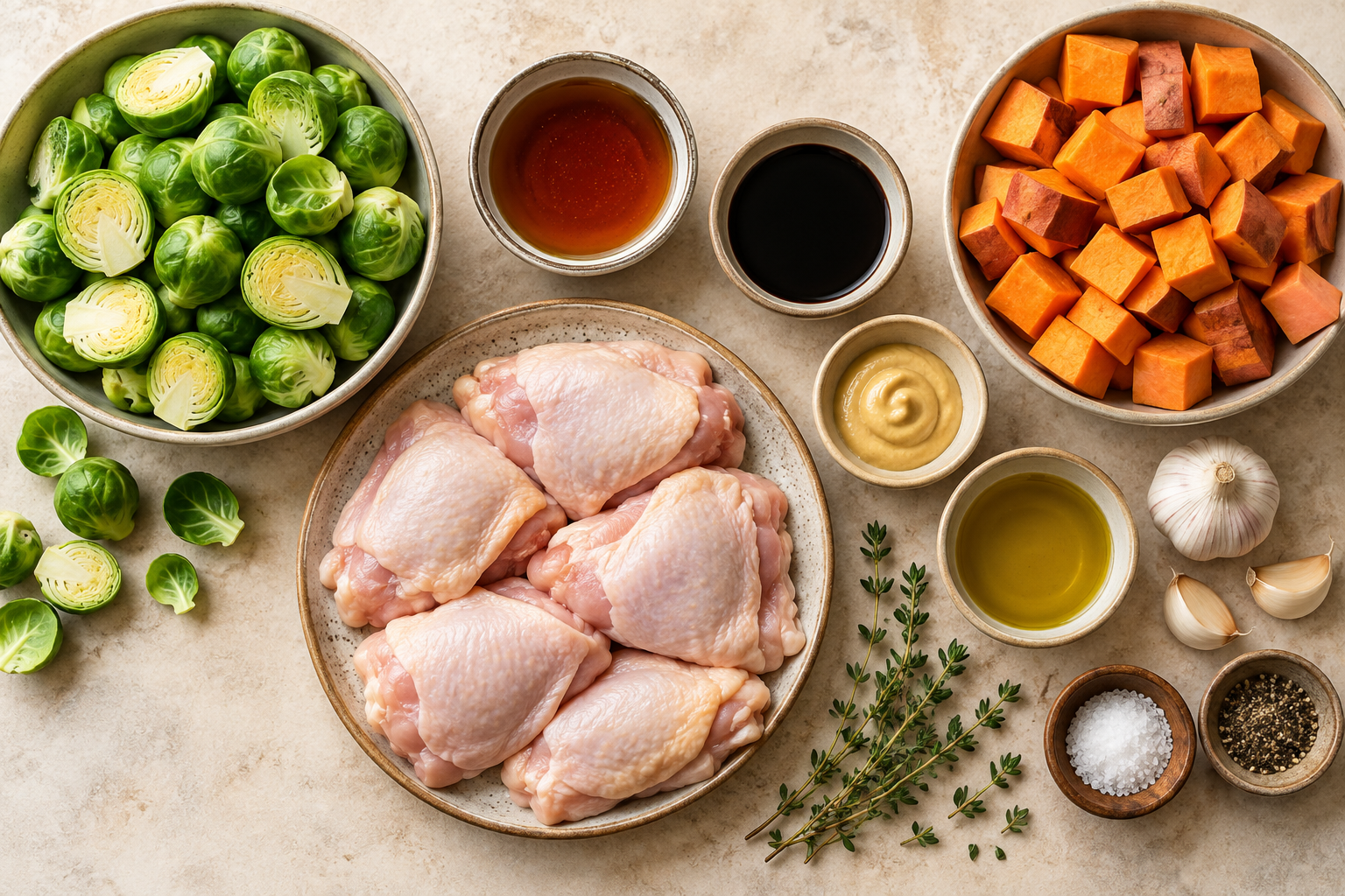 Ingredients for sheet pan maple balsamic chicken