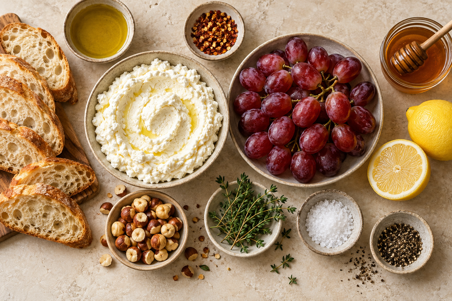 Ingredients for whipped ricotta roasted grapes