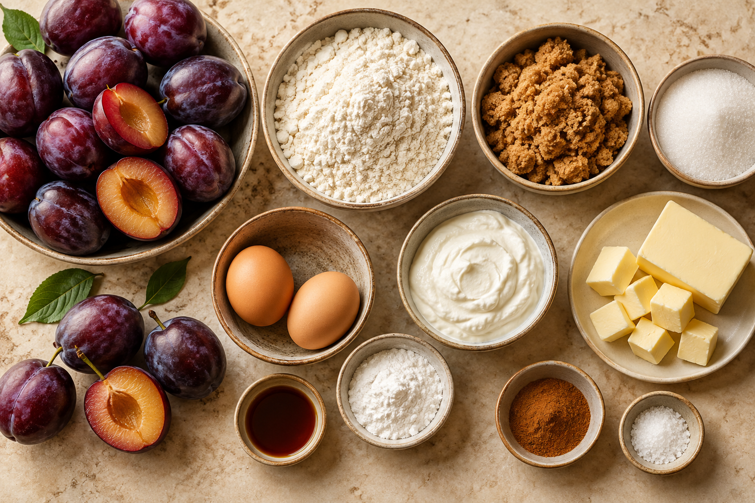 Ingredients for brown butter plum streusel cake
