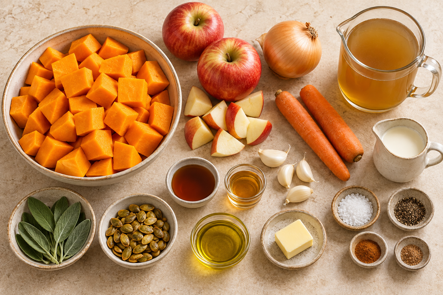 Pumpkin, apples, vegetables, broth, cream, sage, and spices for pumpkin apple soup