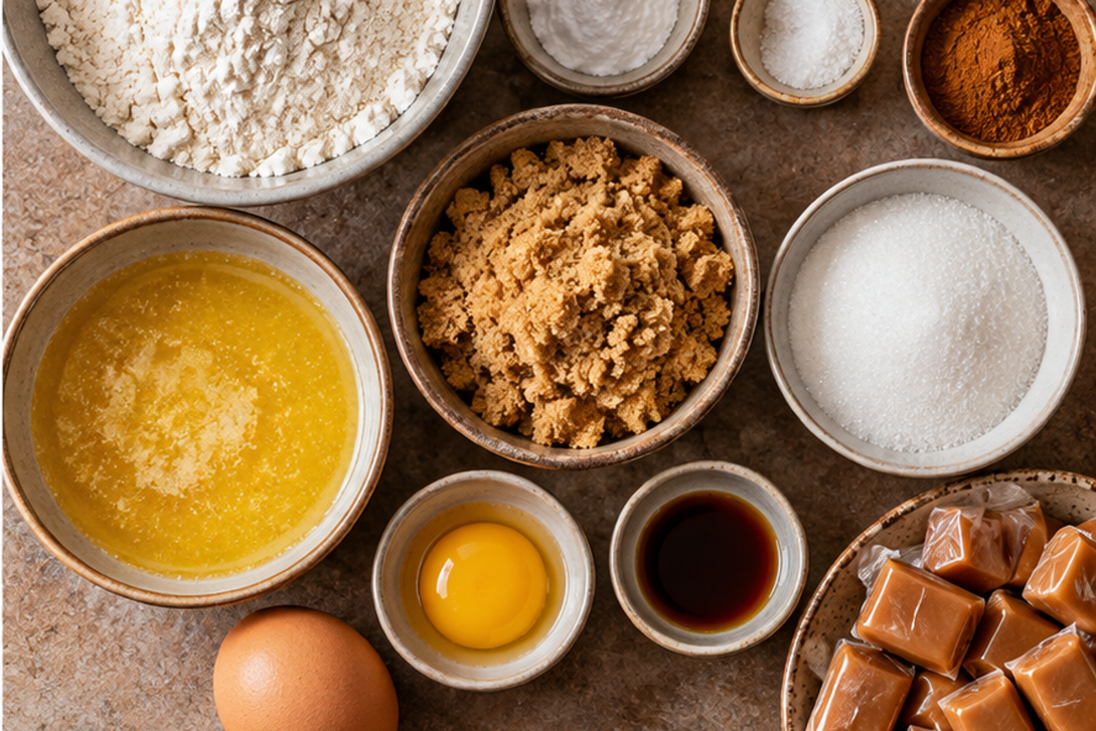 Ingredients for brown sugar cinnamon caramel cookies