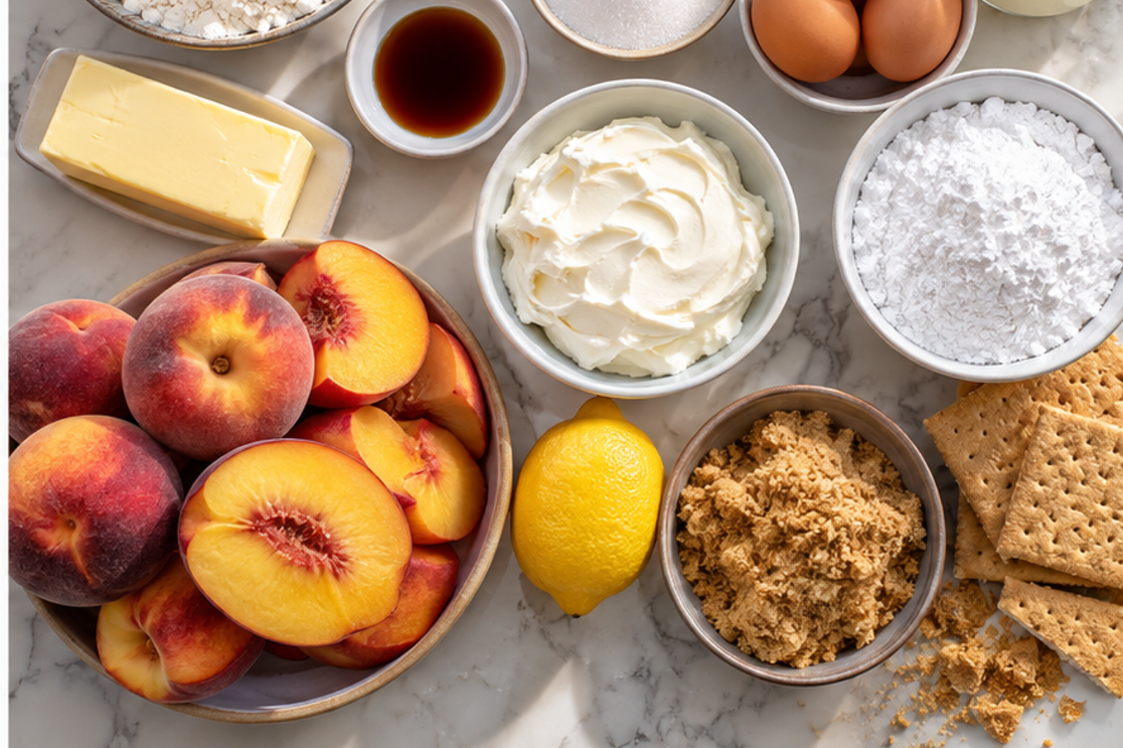 Ingredients for peach cobbler cheesecake donuts