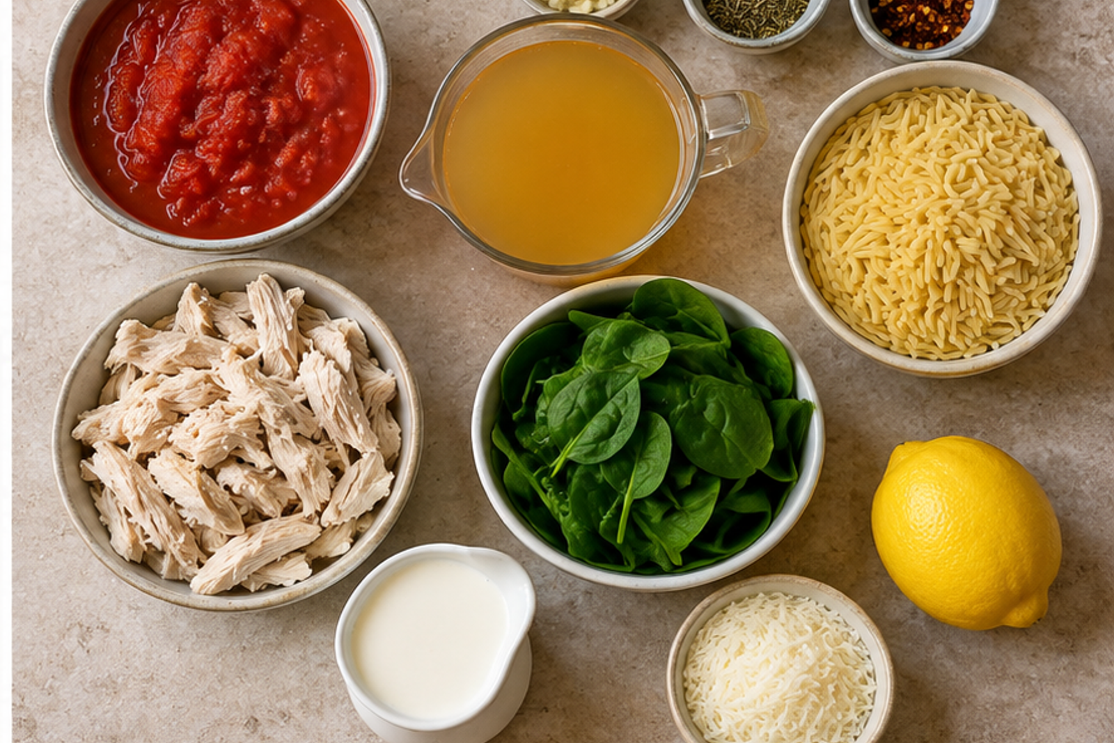 Ingredients for creamy chicken orzo tomato soup