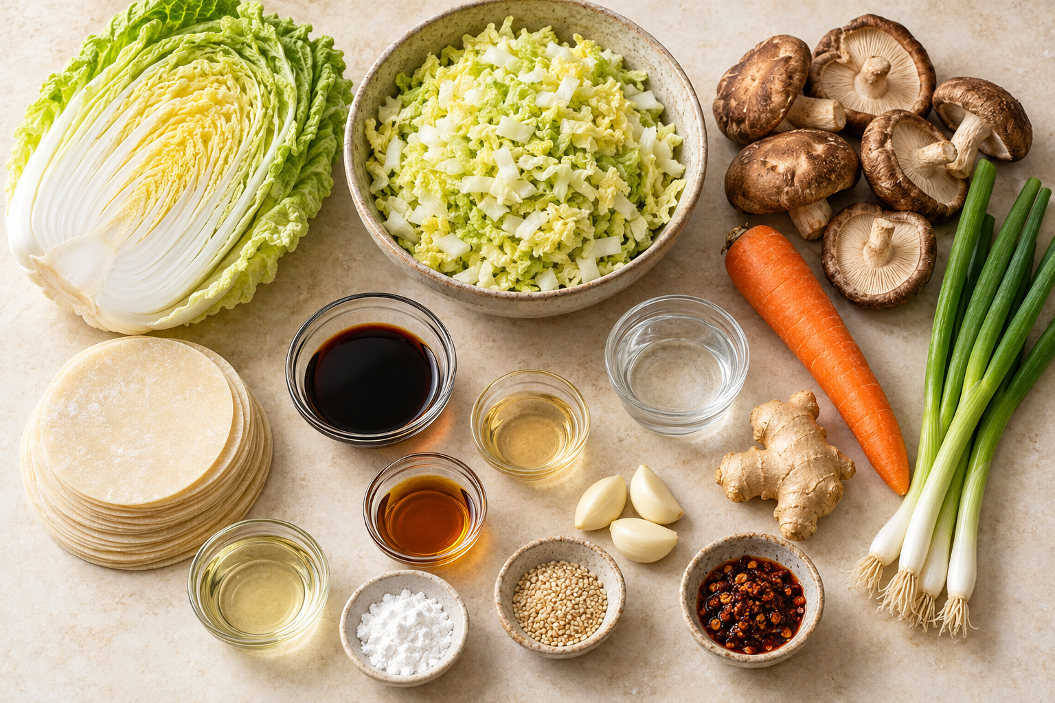 Cabbage dumpling ingredients with wrappers, mushrooms, vegetables, and seasonings