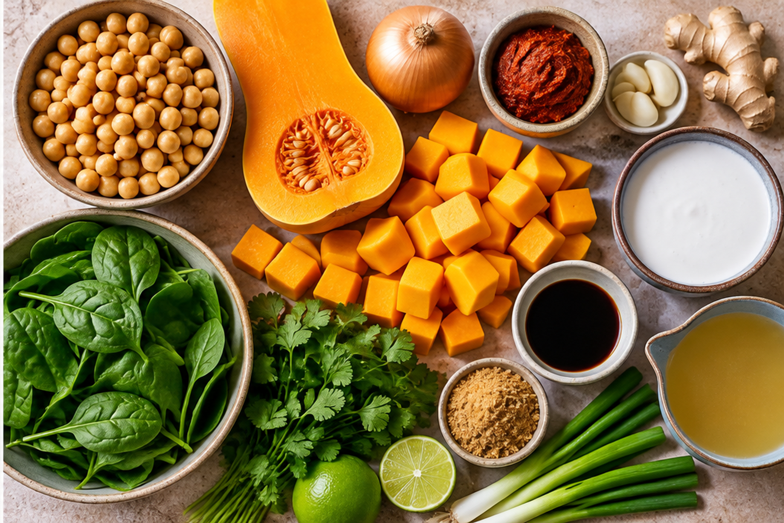 Ingredients for butternut squash Thai red curry