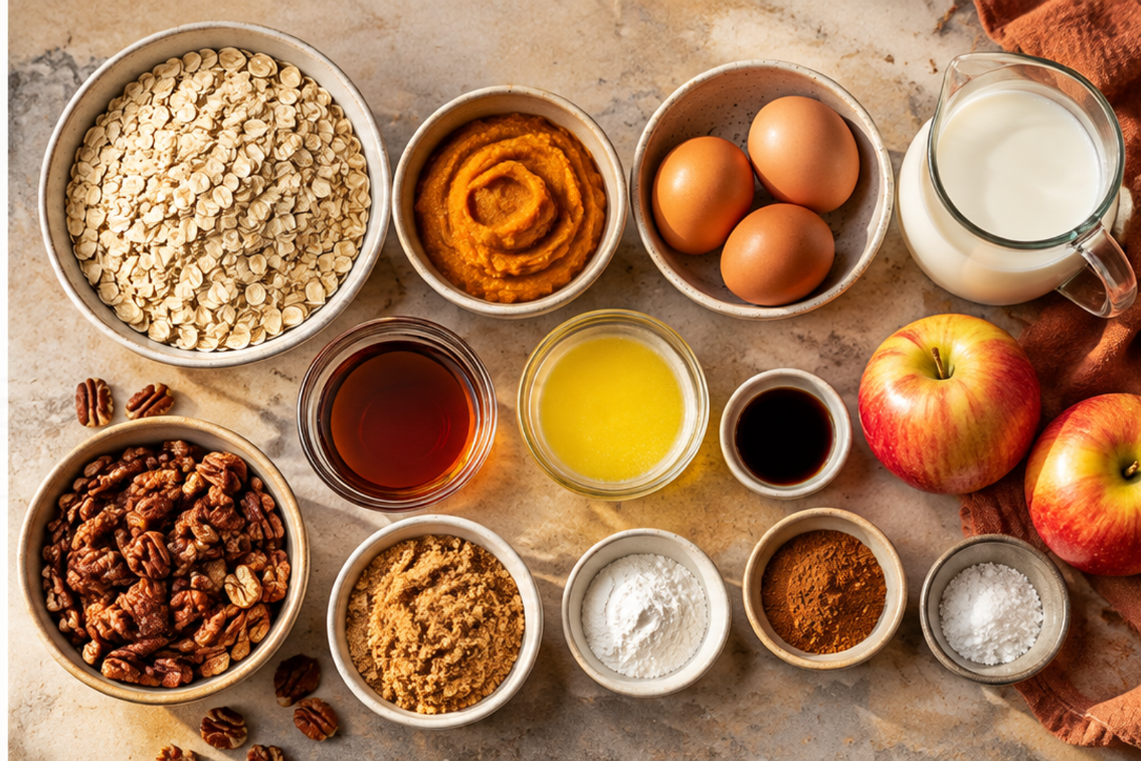 Ingredients for apple pumpkin baked oatmeal