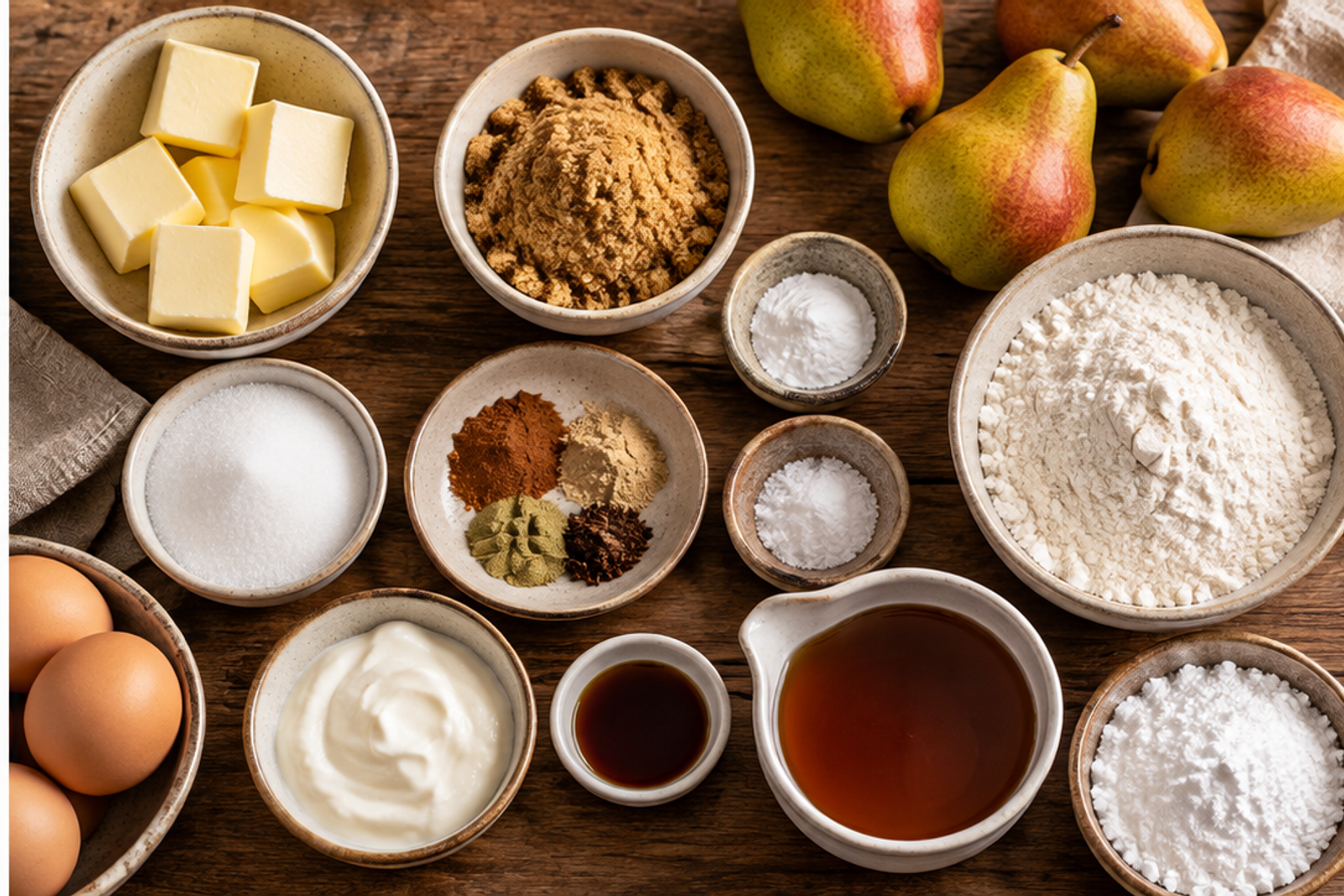 Ingredients for chai pear upside-down cake