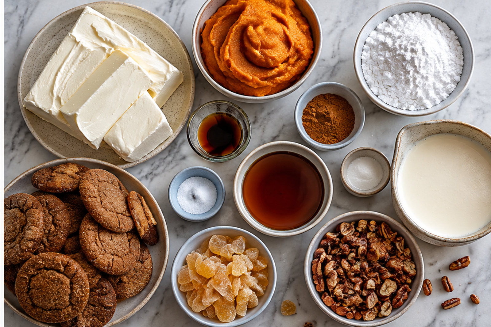 Ingredients for pumpkin gingersnap icebox cheesecake