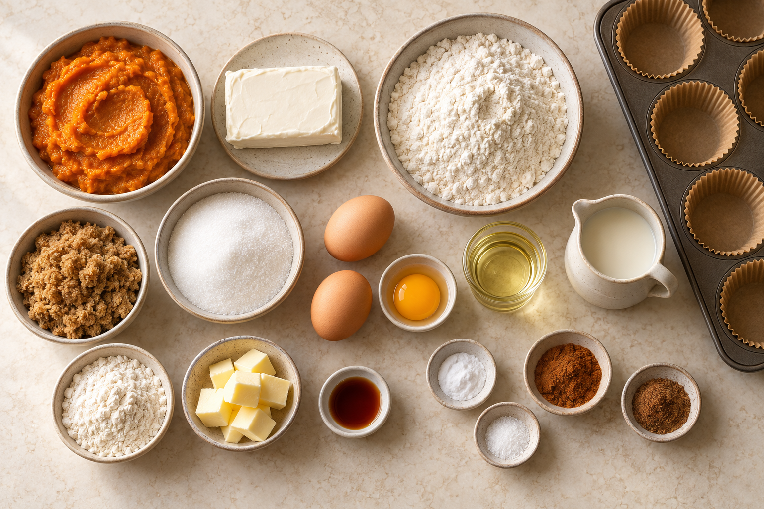 Ingredients for pumpkin cream cheese muffins arranged beside a lined muffin pan