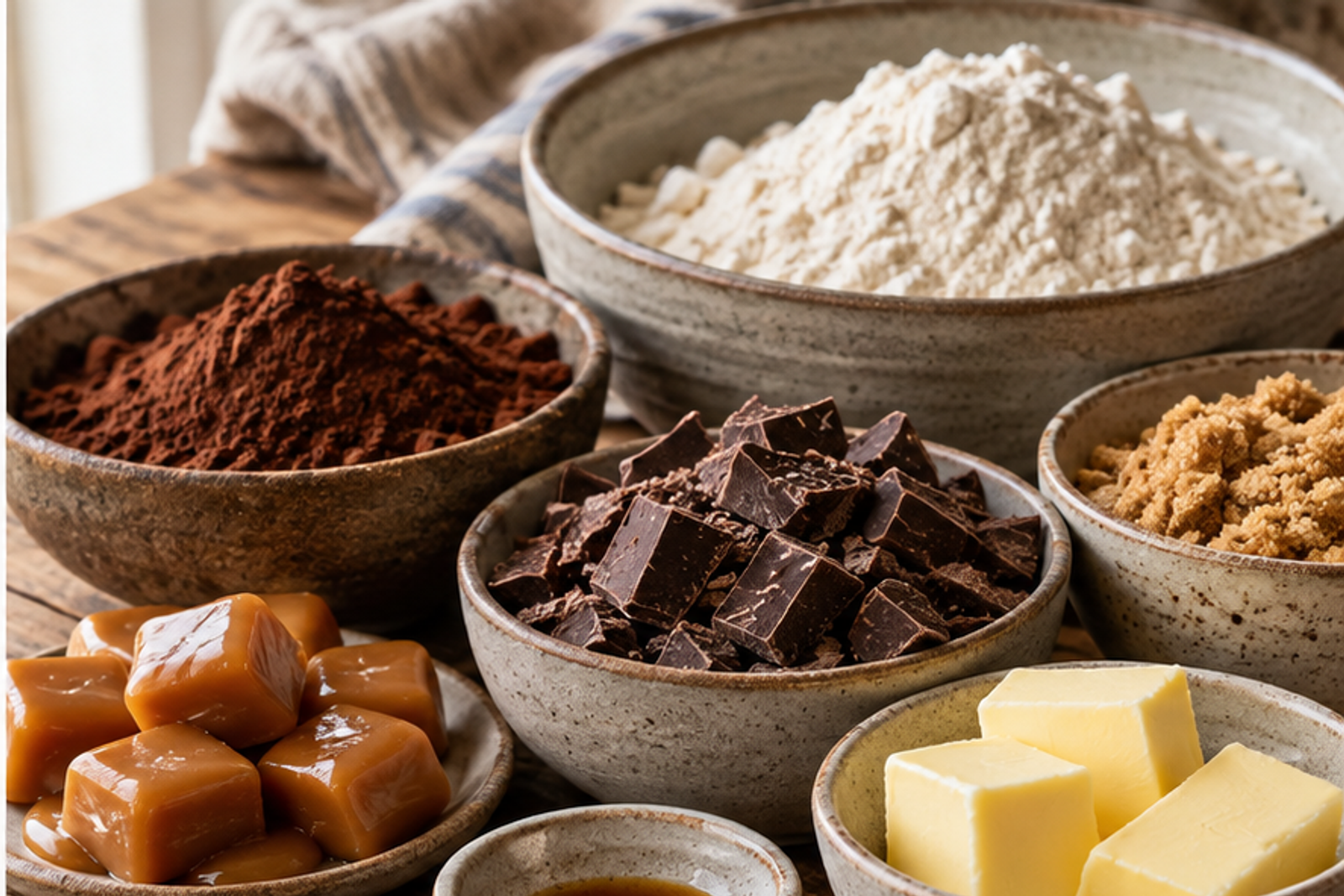 Ingredients for caramel double chocolate cookies