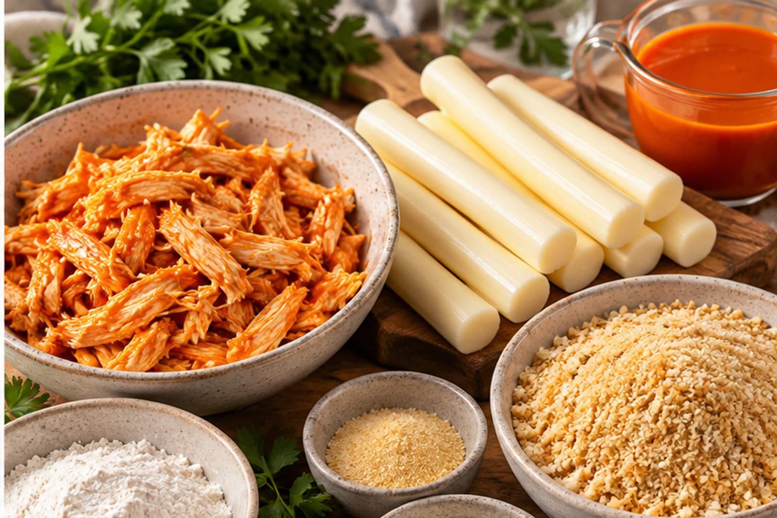 Ingredients for buffalo chicken mozzarella sticks