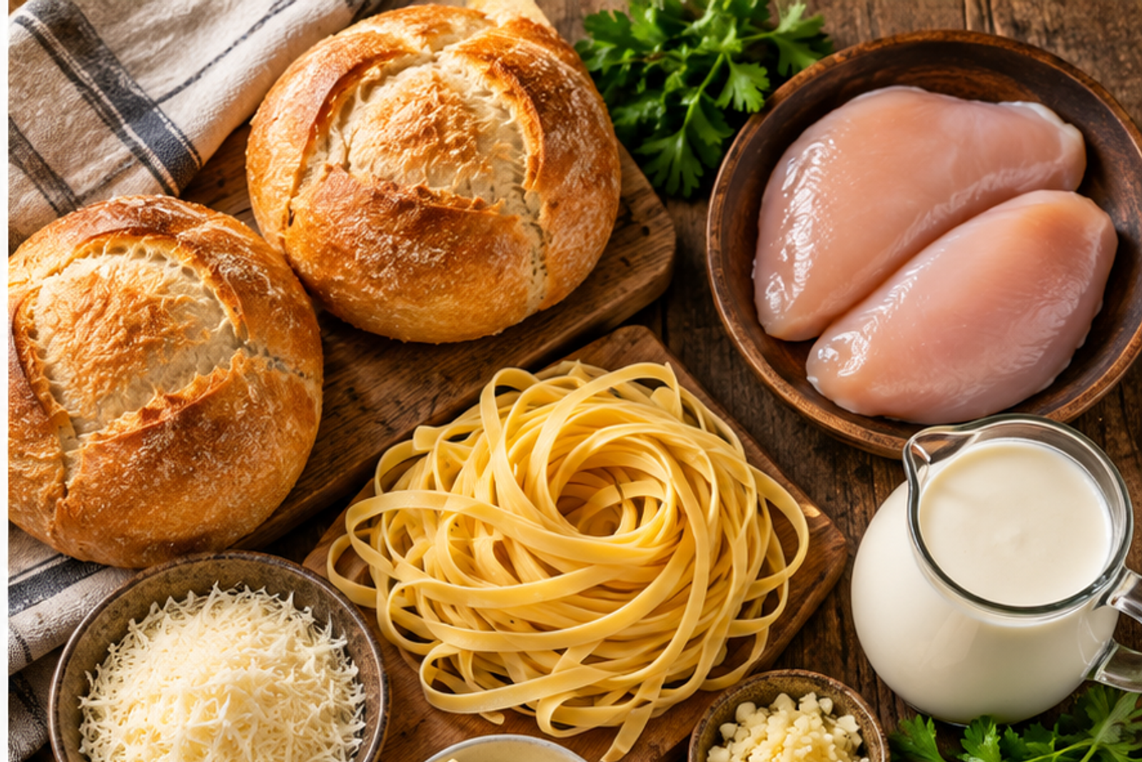Ingredients for chicken Alfredo bread bowls
