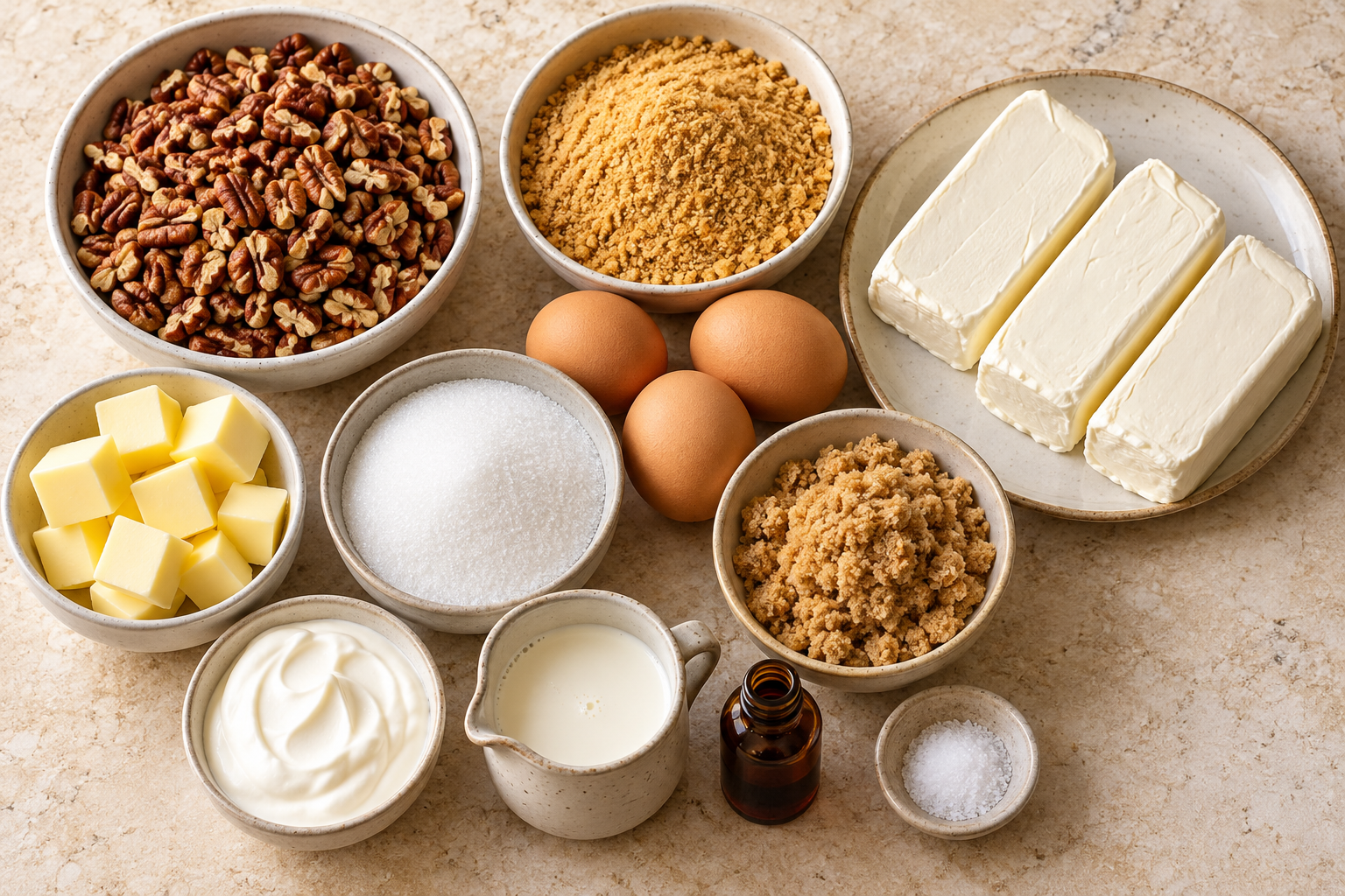 Graham cracker crumbs, cream cheese, pecans, eggs, butter, sugars, sour cream, cream, vanilla, and salt for cheesecake bars