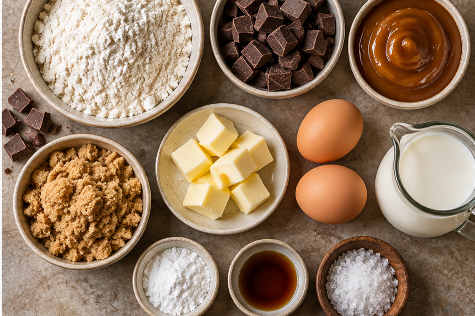 Ingredients for caramel chocolate chunk muffins