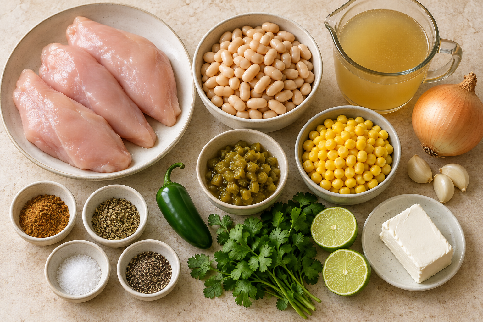 Chicken breasts, white beans, corn, green chiles, onion, garlic, broth, cream cheese, lime, and spices for white chicken chili