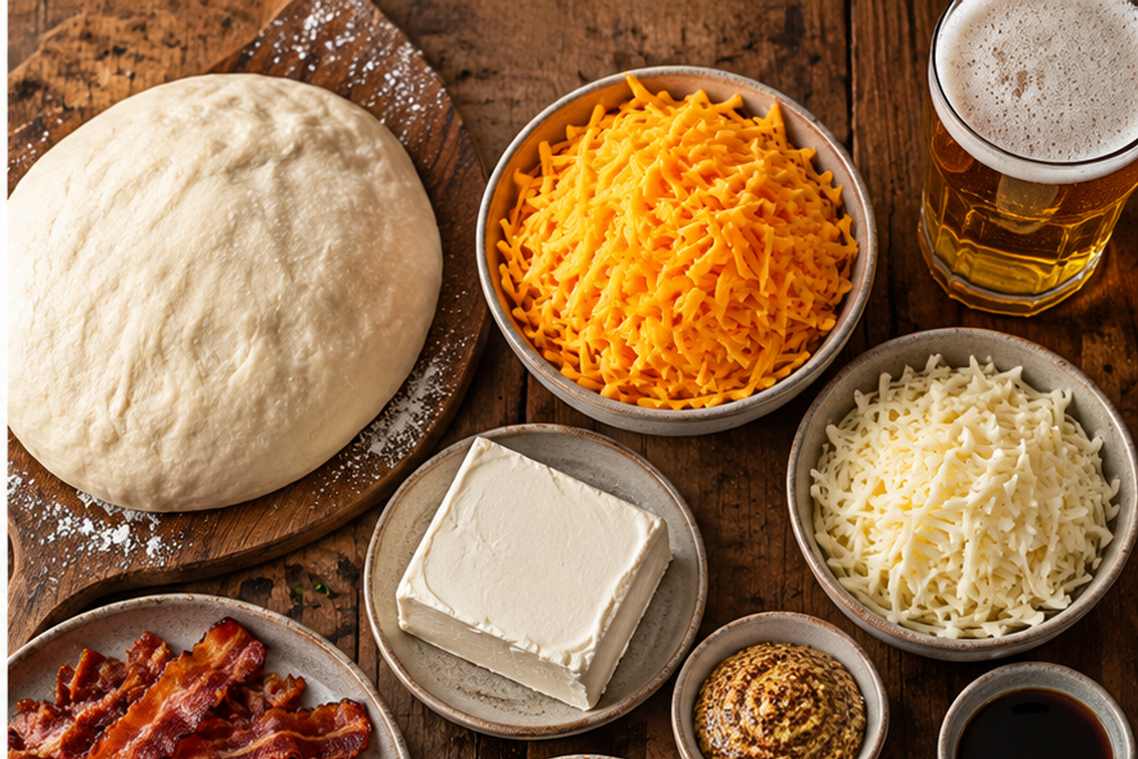 Ingredients for beer cheese dip with pretzel bites