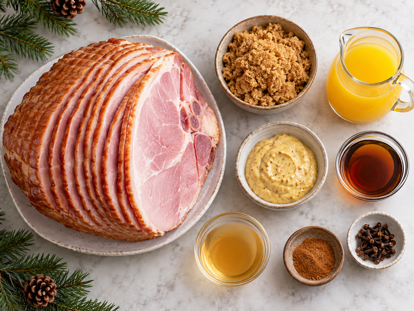 Ingredients arranged for brown sugar Dijon glazed ham