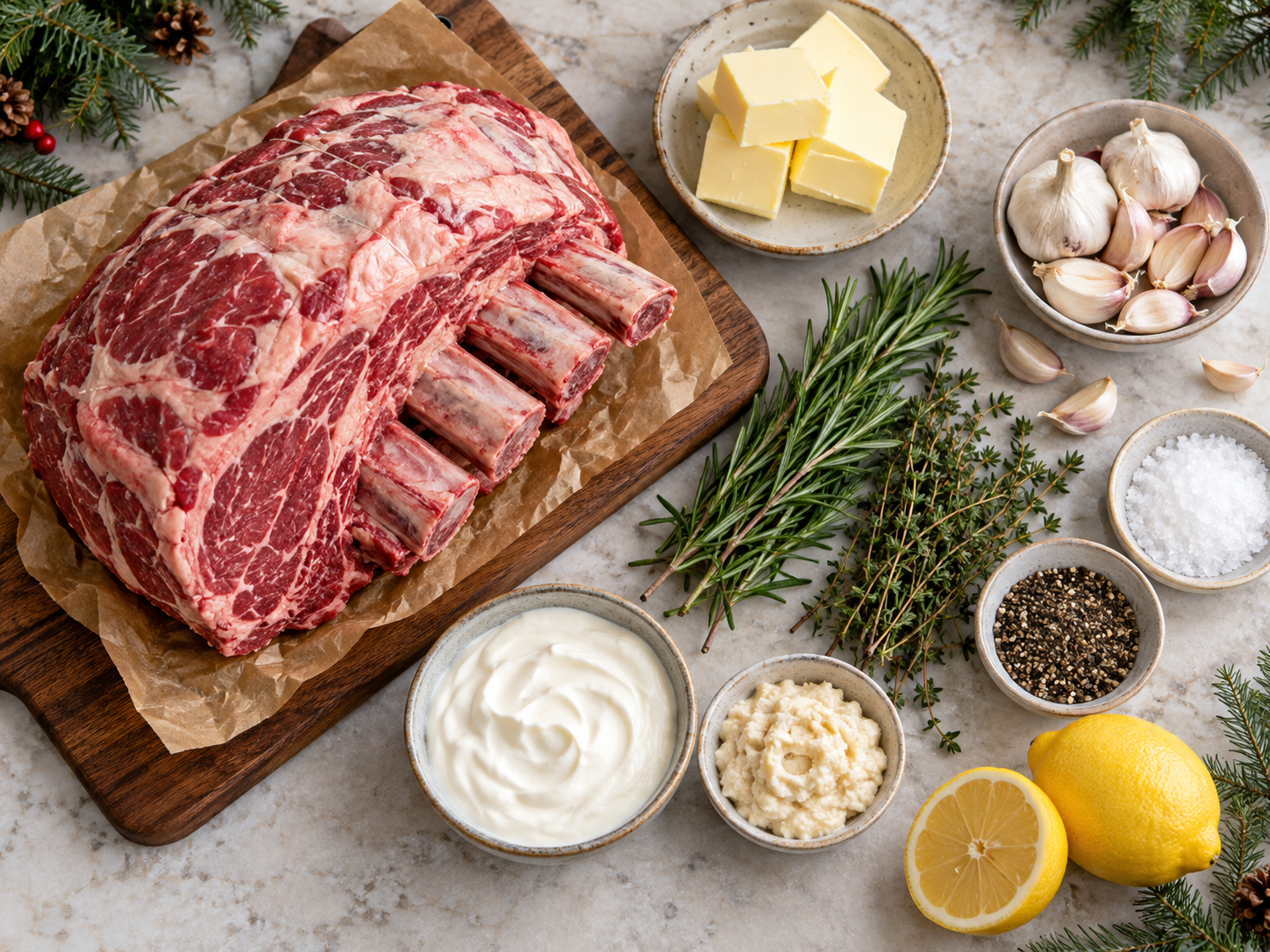 Ingredients arranged for garlic herb prime rib