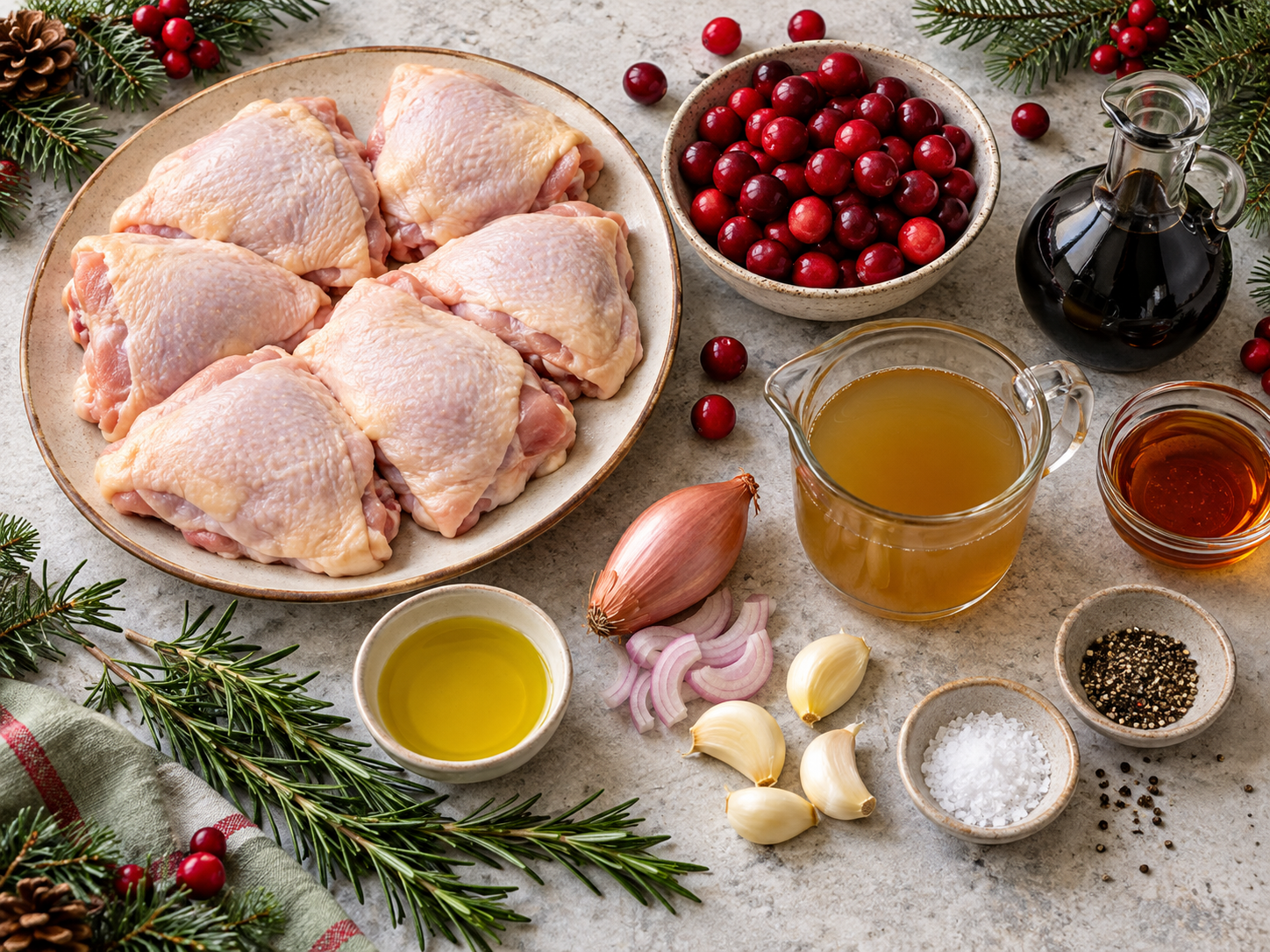 Ingredients arranged for cranberry balsamic chicken thighs