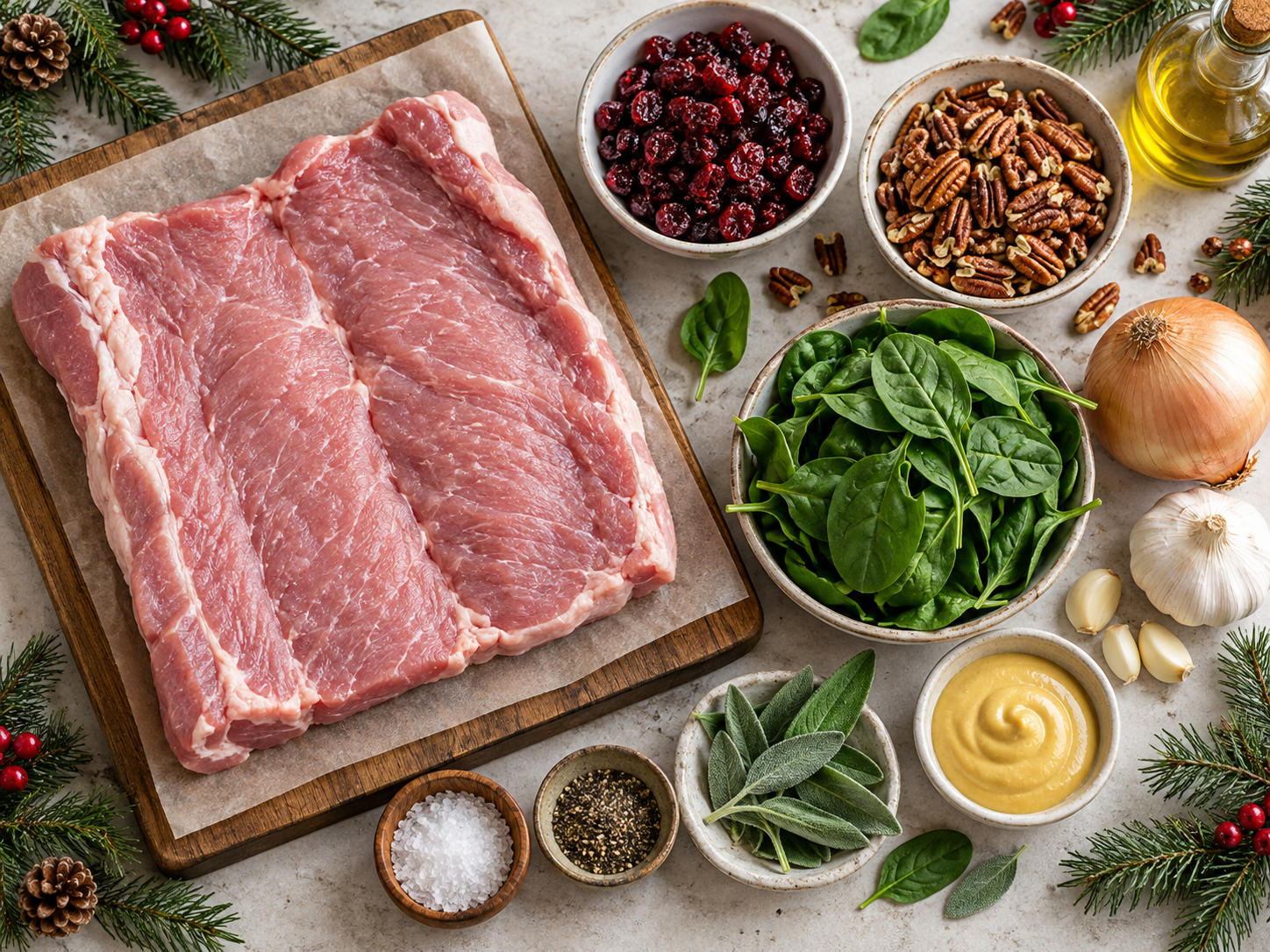 Ingredients arranged for cranberry pecan stuffed pork loin