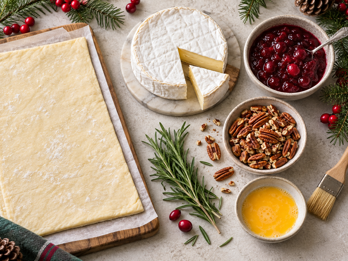 Ingredients arranged for cranberry brie bites